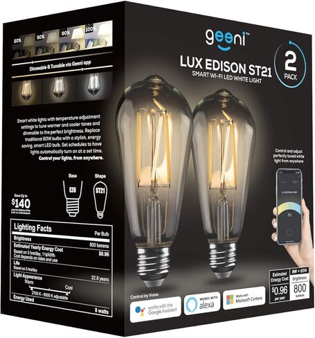 لمبة إضاءة ذكية من Geeni - متوافقة مع Alexa وGoogle Home، لمبة إضاءة LED بيضاء قابلة للبرمجة وقابلة للتعتيم، يمكن التحكم فيها عن طريق التطبيق (ST21، عبوتان) in Kuwait