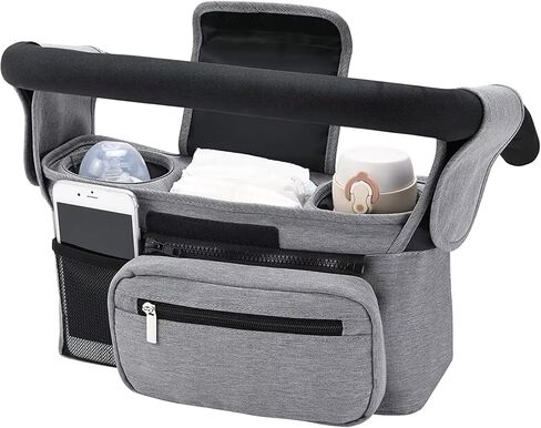 Universal Stroller Organizer with Insulated Cup Holder, Detachable Phone Bag and Shoulder Strap, Cozy Nest Stroller Caddy Organizer Fits for All Stroller Types (Grey) in Saudi Arabia
