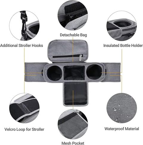 Universal Stroller Organizer with Insulated Cup Holder, Detachable Phone Bag and Shoulder Strap, Cozy Nest Stroller Caddy Organizer Fits for All Stroller Types (Grey) in Saudi Arabia