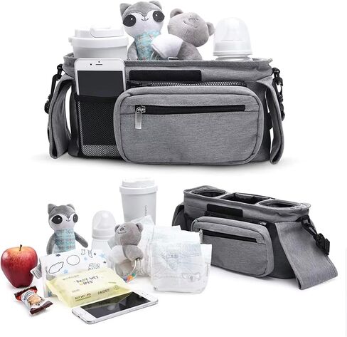 Universal Stroller Organizer with Insulated Cup Holder, Detachable Phone Bag and Shoulder Strap, Cozy Nest Stroller Caddy Organizer Fits for All Stroller Types (Grey) in Saudi Arabia