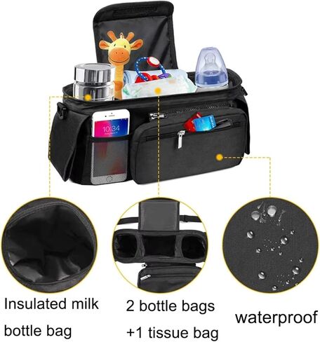 Universal Stroller Organizer with Insulated Cup Holder, Detachable Phone Bag and Shoulder Strap, Cozy Nest Stroller Caddy Organizer Fits for All Stroller Types (Grey) in Saudi Arabia