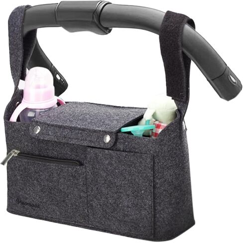 Bacmaxi Found Stroller Vercizer Bag مع حامل كوب - سعة كبيرة ، جيوب متعددة الاستخدامات ، تخزين Caddy عالمي ودائم لحفازات الأطفال ، زجاجات أساسية (أسود) in Kuwait
