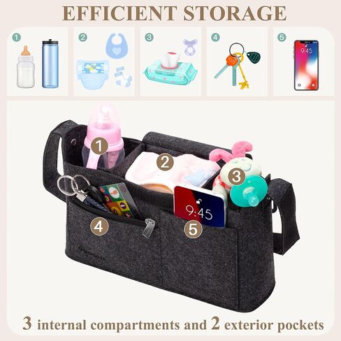 Bacmaxi Found Stroller Vercizer Bag مع حامل كوب - سعة كبيرة ، جيوب متعددة الاستخدامات ، تخزين Caddy عالمي ودائم لحفازات الأطفال ، زجاجات أساسية (أسود) in Kuwait
