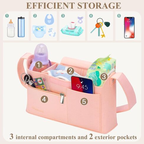 PACMAXI Felt Stroller Organizer Bag with Cup Holder - Large Capacity, Versatile Pockets, Universal and Durable Stroller Caddy Storage for Baby Diapers, Bottles Essentials (Black) in Saudi Arabia