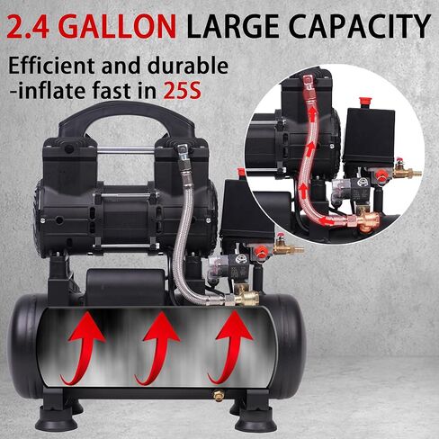 MZB 2.4 Gallon Ultra Quiet Air Compressor 110V/60Hz 1.0HP 5.65CFM, MAX 115PSI Steel Tanks Oil-Free 68dB Noise Level Air Compressor for Spray Painting, Auto Repair, Carpentry Decoration in Kuwait