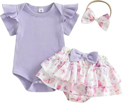 Engofs Baby Girl Clothes Newborn Summer Outfits Short Sleeve Romper Ruffle Bloomers Shorts with Headband in Kuwait