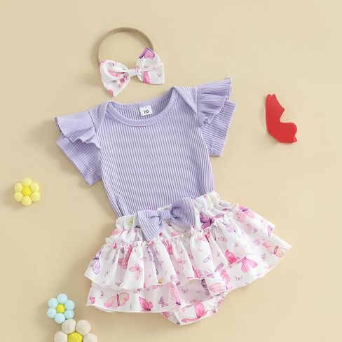 Engofs Baby Girl Clothes Newborn Summer Outfits Short Sleeve Romper Ruffle Bloomers Shorts with Headband in Kuwait