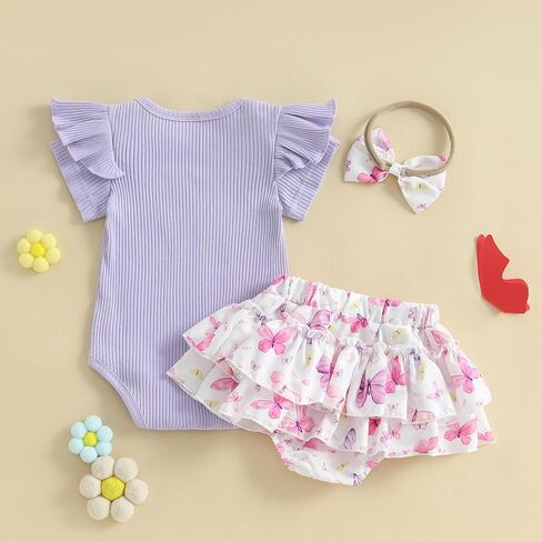 Engofs Baby Girl Clothes Newborn Summer Outfits Short Sleeve Romper Ruffle Bloomers Shorts with Headband in Kuwait