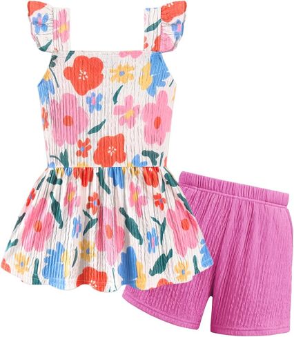 Arshiner Toddler Girl Clothes 2 Piece Summer Outfit Ruffle Sleeveless Top and Shorts Set with Pockets 2-7Y in Saudi Arabia