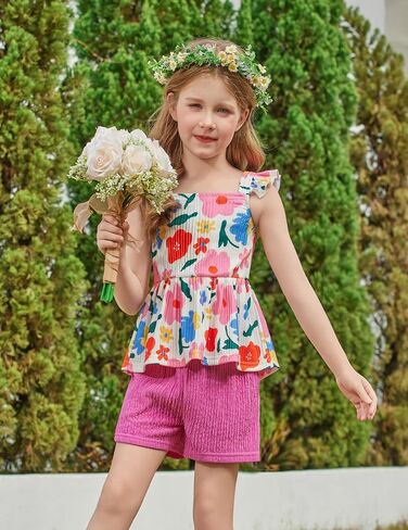 Arshiner Toddler Girl Clothes 2 Piece Summer Outfit Ruffle Sleeveless Top and Shorts Set with Pockets 2-7Y in Saudi Arabia