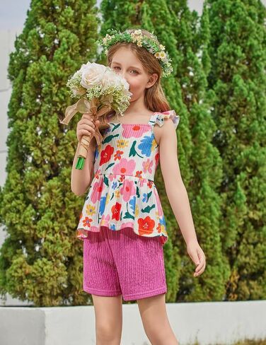 Arshiner Toddler Girl Clothes 2 Piece Summer Outfit Ruffle Sleeveless Top and Shorts Set with Pockets 2-7Y in Saudi Arabia