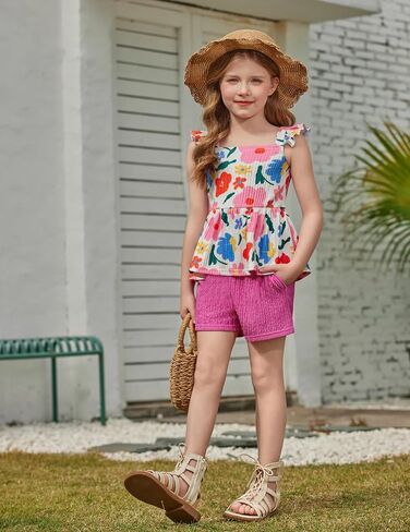 Arshiner Toddler Girl Clothes 2 Piece Summer Outfit Ruffle Sleeveless Top and Shorts Set with Pockets 2-7Y in Saudi Arabia