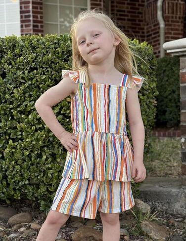Arshiner Toddler Girl Clothes 2 Piece Summer Outfit Ruffle Sleeveless Top and Shorts Set with Pockets 2-7Y in Saudi Arabia