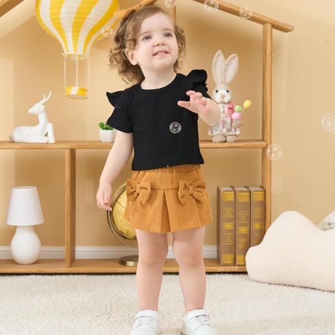 طفلة الصيف ملابس الصيف صلبة كشكش أعلى ＋ القوس تنورة صغيرة ＋ القوس رئيس 3pcs مجموعة in Kuwait