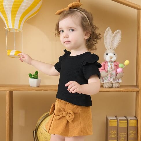 طفلة الصيف ملابس الصيف صلبة كشكش أعلى ＋ القوس تنورة صغيرة ＋ القوس رئيس 3pcs مجموعة in Kuwait