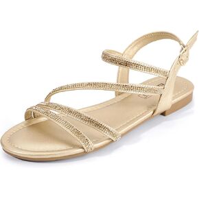 IDIFU Rhinestone Strappy Sandals for Women Dressy Summer Glitter Flat Sandals with Back Strap Open Toe Slingback Ankle Strap Sandals Wedding Bridal Prom Sparkly Bling Comfortable Cute Dress Sandals