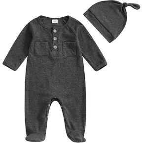 Newborn Baby Boy Girl Footies Romper Solid Button Long Sleeve Footed One-Piece Jumpsuit with Hat Coming Home Outfit
