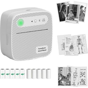 Portable Mini Sticker Printer with 11 Rolls Paper,Bluetooth Thermal Pocket Printer for Study Notes, Pictures, DIY, Label,Compatible with iOS&Android