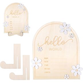Hello World Newborn Sign, Wooden Baby Announcement Sign Birth Announcement Board for New Baby Flower Newborn Welcome Sign for Hospital Nursery