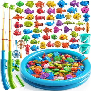 Magnet Fishing Toys Game for Kids 3-5 - Floating Fish Toys with Inflatable Kiddie Pool, Bath Toys for Toddlers, Pole Rod Net, Outdoor Party Toys for Boys Girls Kids Age 3 4 5 6 7 8 Year Old
