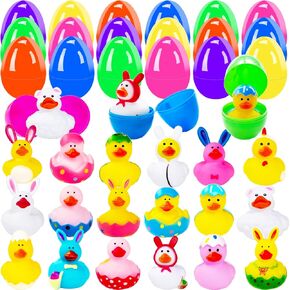 18 pcs prected eggs easter eggs مع بطة الأرنب ، بيض عيد الفصح الزاهي الملون المملوء بالبط المطاطي ، والضغط على ألعاب حوض الاستحمام للأرنب لأحواض سلة عيد الفصح ، وألعاب الحمام ، وأفضل الحفلات
