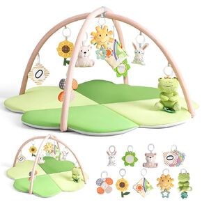 Baby Play Mat, Tummy Time Mat for Sensory Development, 4-Leaf Clover Baby Play Mat & Gym with 9 Detachable Toys, Portable & Easy to Clean, 0-9+ Months