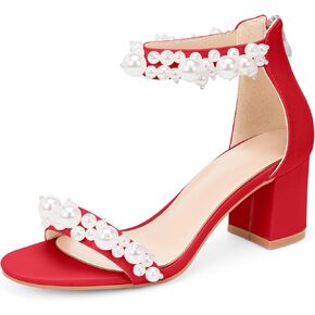 Women's Pearl Decoration Ankle Strap Sandals Chunky Block Heel Wedding Party Shoes