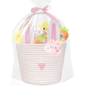 Large Easter Basket for Kids Woven Easter Bunny Basket with Rabbit Ears, Bunny Egg Hunting Bag with Cute Rabbit Chicken Carrot Plush Decorations for Girls Boys Spring Presents