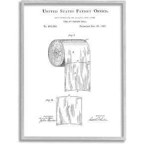 Stupell Industries Toilet Paper Roll Vintage Patent Minimal Black White, Design by Studio W Gray Framed Wall Art, 11 x 14
