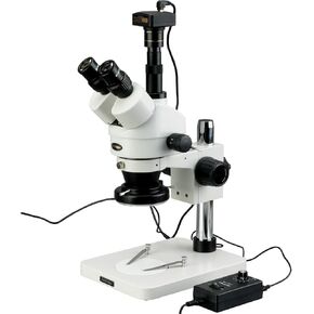 AmScope SM-1TSZ-144-10M Digital Professional Trinocular Stereo Zoom Microscope, WH10x Eyepieces, 3.5X-90X Magnification, 0.7X-4.5X Zoom Objective, 144-Bulb LED Ring Light, Pillar Stand, Includes 0.5X and 2.0X Barlow Lenses and 10MP Camera with Reduction L