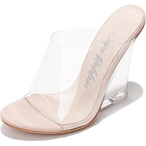 Clear Wedge Heels for Women- Open Toe Heels for Women Fashion with Transparent Upper, Genuine Leather Sole & 4 Inch Heel - Chunky Clear Heels- Comfy Slip On Women Shoes (Lemonade.A)