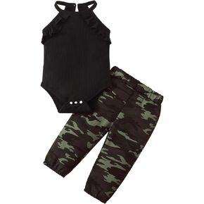 SUNNY PIGGY Baby Girl Clothes Newborn Outfits Halter Sleeveless Romper Camo Pants 2PC Sets Summer Clothing
