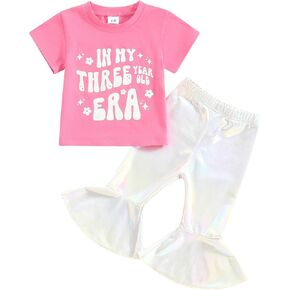 Dcohmch First Birthday Girl Outfit Letter Bow Print Short Sleeve Romper Bell Bottom Pants One Year Old Baby Clothes