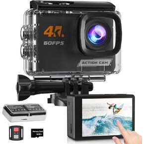 4K60FPS Action Camera Touchscreen, 40M Waterproof Underwater Camera with 64G SD Card, 6-Axis Stabilization Motorcycle Camera 8X Zoom with 2.4G Remote Control 2 * 1350 mAh Batteries