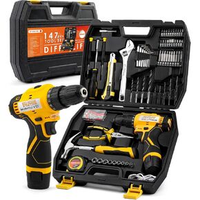 12V Drill Driver Power Tool Combo Kits with Cordless Drill, Professional Household Home Tool Kit Set, DIY Hand Tool Kits for Garden Office House Repair Yellow