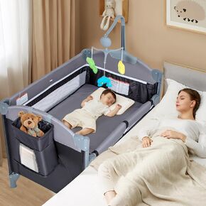 ANNA QUEEN 5-in-1 Pack and Play Baby Bassinet Bedside Crib with Toys & Music Box, Mattress, Foldable Playard, Playpen Travel Bed Nursery Center for Girl Boy Infant
