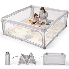 Sweeby Baby Playpen, 59x59 Inch Baby Gate Playpens for Babies and Toddlers, Large Playpen with Door Play Yard for Indoor and Outdoor Play Pen,LightGrey