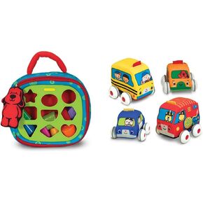 Melissa & Doug K's Kids Take-Along Shape Sorter Baby Toy & K's Kids Pull-Back Vehicle Set - Soft Baby Toy Set with 4 Cars and Trucks and Carrying Case