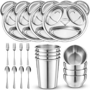 Jinei 20 Pieces Kids Stainless Steel Utensils Set Include 4 Panda Shaped Plates, 4 Bowls, 4 Cups, 4 Spoons, and 4 Forks, Stainless Steel Dinnerware Set for Toddler Utensils silverware