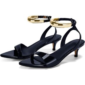 Coutgo Womens Low Kitten Heels Sandals Strappy Pointed Open Toe One Strap Metal Summer Dress Shoes