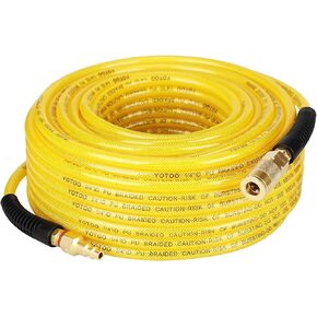 YOTOO Reinforced Polyurethane Air Hose 1/4" Inner Diameter by 100' Long, Flexible, Heavy Duty Air Compressor Hose with Bend Restrictor, 1/4" Swivel Industrial Quick Coupler and Plug, Yellow