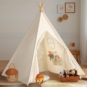 Sumbababy Teepee Tent for Kids Indoor - Natural Canvas Kids Play Tent - Tipi Tipover Tents مع الأضواء وحقيبة الحمل ، والخيام الصغار في الهواء الطلق للفتيات والفتيان - ألعاب هدايا غرفة اللعب القابلة للطي -