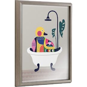 Kate and Laurel Blake Mid Century Modern Duckie in The Tub Framed Printed Glass Wall Art by Rachel Lee of My Dream Wall, 16x20 Graywash, Adorable Animal Art for Wall