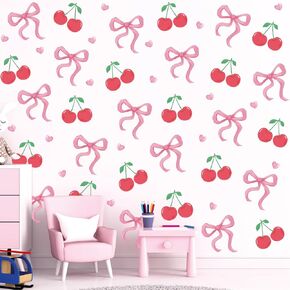 Trendy Pink Bow Wall Stickers Coquette Light Pink Bow Knot Wall Decals Watercolor Room Mural Stickers for Valentine's Day Girls Party Home Bedroom Nursery, 7.9 x 11.8 Inch, 9 Sheets