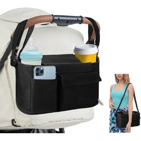 Universal Stroller Caddy Expandable Organizers & Detachable Shoulder Strap, Stroller Organizer With Cup Holder Fits for Stroller Like Uppababy, Baby Jogger, BOB, Doona, Britax