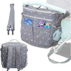 Enovoe Stroller Organizer Bag - Rectangular Removable w/ Spacious Pockets - Big Size Grey Oxford Waterproof Fabric w/ White Stars - Easy Installation - 2-in-1 Stroller Baby Diaper Bag - Grey