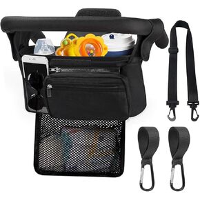HOINCO Universal Baby Stroller Organizer，with Heightened Insulated Cup Holder,Detachable Phone Bag,Shoulder Strap and Mesh Bag，Fits Most Strollers.