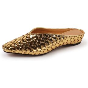 Woven Mules for Women Metallic Leather Slides Ladies Trendy Comfortable Square Toe Hidden Wedge Heels