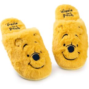 Disney Winnie the Pooh Womens Slippers | Ladies Teddy Bear Indoor Fur Mules in Yellow | Embroidered Slip On House Shoes