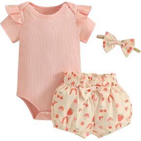 CIYCUIT Baby Girl Outfits – Summer Ruffle Ribbed Bodysuit Floral Print Shorts & Bow Headband – 3-Piece Infant Clothes Set